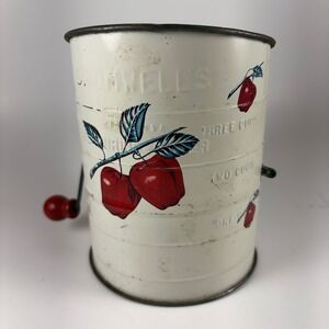 Bromwell's Vintage 3-Cup Tin Flour Sifter White Red Apple Design USA 1950s MCM